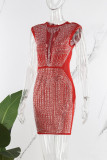 Red Sexy Patchwork Hot Drilling Tassel See-through O Neck Sleeveless Dress (Subject To The Actual Object)