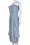 Baby Blue Street Solid Patchwork Pocket Zipper Strapless Sleeveless High Waist Straight Denim Dresses