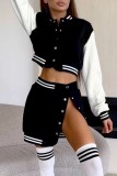 Black Casual Patchwork Contrast O Neck Long Sleeve Two Pieces