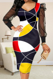 Black And White Sexy Print Patchwork V Neck Pencil Skirt Dresses