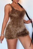 Deep Coffee Sexy Casual Solid Backless Spaghetti Strap Sleeveless Dress Dresses