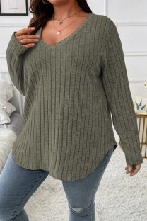 Army Green Plus Size Casual Solid Pullovers Asymmetrical Solid Color V Neck Plus Size Tops