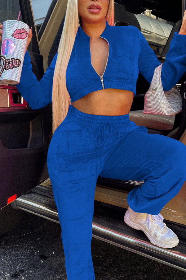 Royal Blue Casual Sportswear Solid Patchwork Draw String Zipper Zipper Collar Long Sleeve Two Pieces