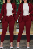 Deep Red Casual Solid Cardigan Pants Turn-back Collar Long Sleeve Two Pieces