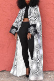 Blue White Casual Street Print Patchwork Cardigan Collar Plus Size Overcoat