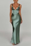 Green Sexy Solid Backless Spaghetti Strap Long Dress Dresses