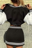 Black Casual Patchwork Contrast O Neck Long Sleeve Two Pieces