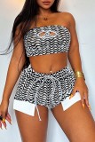Pink Sexy Casual Striped Print Hollowed Out Backless Strapless Sleeveless Two Pieces
