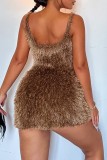 Deep Coffee Sexy Casual Solid Backless Spaghetti Strap Sleeveless Dress Dresses