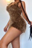 Deep Coffee Sexy Casual Solid Backless Spaghetti Strap Sleeveless Dress Dresses