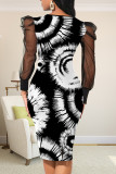 Black And White Sexy Print Patchwork V Neck Pencil Skirt Dresses