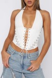 White Sexy Casual Solid Frenulum Backless Halter Tops