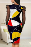 Black And White Sexy Print Patchwork V Neck Pencil Skirt Dresses