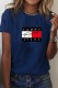 Navy Blue Casual Print Letter O Neck T-Shirts