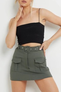 Khaki Casual Solid Patchwork With Belt Skinny High Waist Conventional Solid Color Skirts