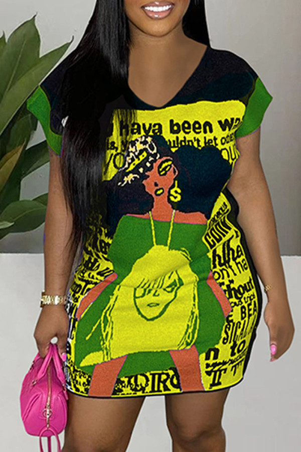 Green Yellow Casual Print Basic O Neck Short Sleeve Dress