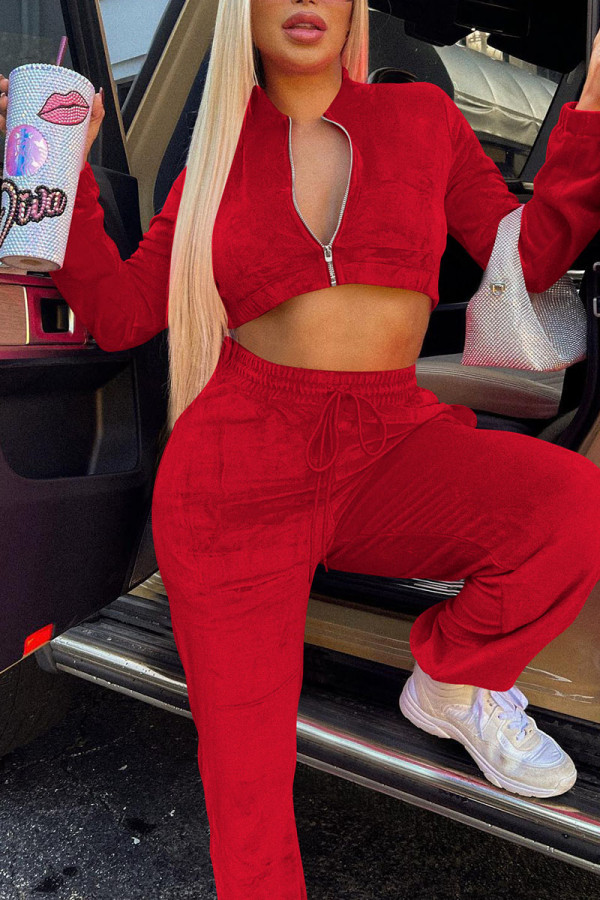 Red Casual Sportswear Solid Patchwork Draw String Zipper Zipper Collar Long Sleeve Two Pieces