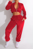 Red Casual Sportswear Solid Patchwork Draw String Zipper Zipper Collar Long Sleeve Two Pieces