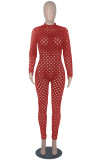 Red Sexy Solid Hollowed Out Patchwork Zipper O Neck Skinny Jumpsuits