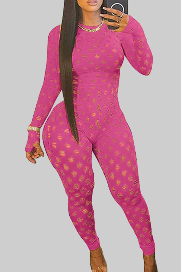 Rose Red Sexy Solid Hollowed Out Patchwork Zipper O Neck Skinny Jumpsuits