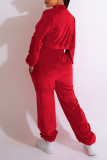 Red Casual Sportswear Solid Patchwork Draw String Zipper Zipper Collar Long Sleeve Two Pieces