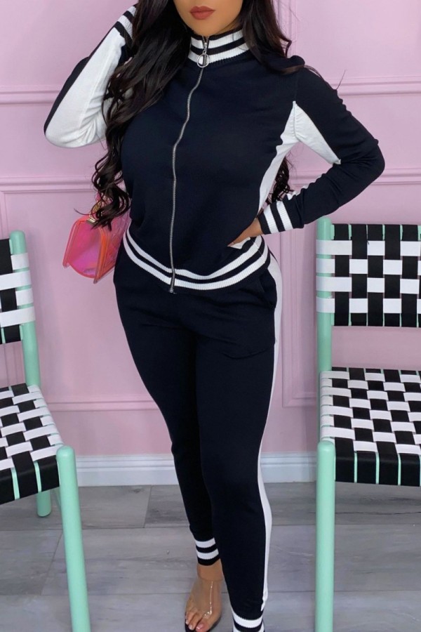 Black Casual Striped Patchwork Contrast Zipper Collar Long Sleeve Two Pieces