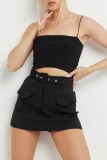 Black Casual Solid Patchwork With Belt Skinny High Waist Conventional Solid Color Skirts