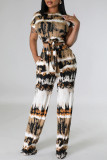 White Casual Street Print Bandage Patchwork O Neck Short Sleeve Two Pieces