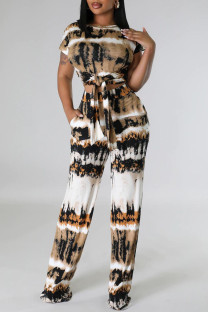White Casual Street Print Bandage Patchwork O Neck Short Sleeve Two Pieces