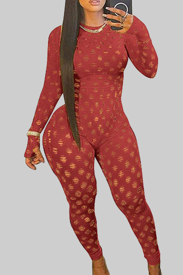Red Sexy Solid Hollowed Out Patchwork Zipper O Neck Skinny Jumpsuits