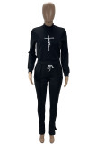Black Casual Letter Patchwork Draw String Slit O Neck Long Sleeve Two Pieces