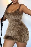 Deep Coffee Sexy Casual Solid Backless Spaghetti Strap Sleeveless Dress Dresses