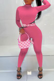 Rose Red Street Print Patchwork Half A Turtleneck Skinny Jumpsuits