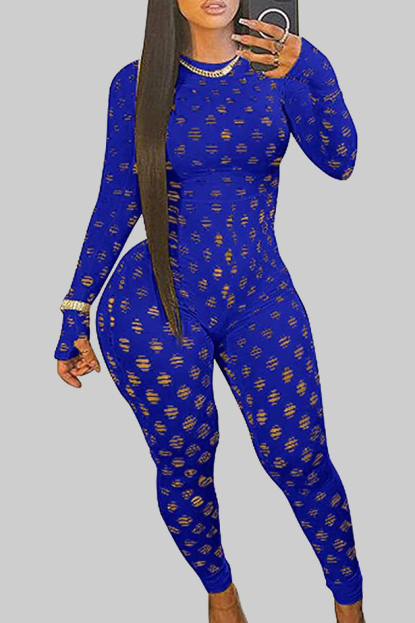 Blue Sexy Solid Hollowed Out Patchwork Zipper O Neck Skinny Jumpsuits