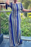Blue Casual Print Patchwork O Neck Long Dress Dresses