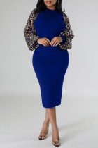 Blue Casual Patchwork Sequins O Neck Long Sleeve Dresses