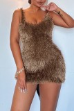 Deep Coffee Sexy Casual Solid Backless Spaghetti Strap Sleeveless Dress Dresses