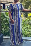 Blue Casual Print Patchwork O Neck Long Dress Dresses