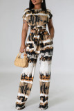 White Casual Street Print Bandage Patchwork O Neck Short Sleeve Two Pieces