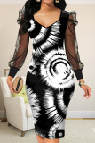 Black And White Sexy Print Patchwork V Neck Pencil Skirt Dresses