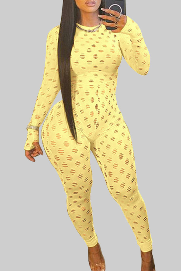 Yellow Sexy Solid Hollowed Out Patchwork Zipper O Neck Skinny Jumpsuits