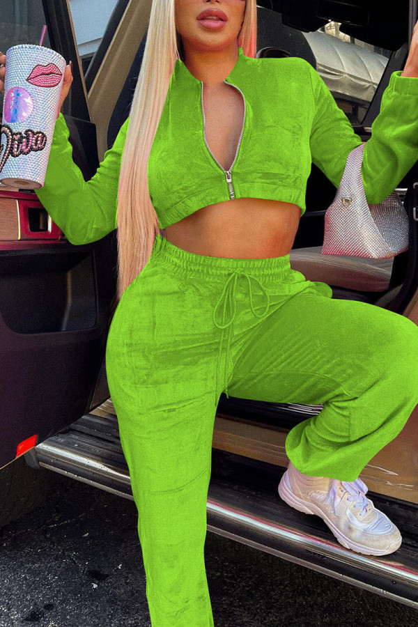 Green Casual Sportswear Solid Patchwork Draw String Zipper Zipper Collar Long Sleeve Two Pieces
