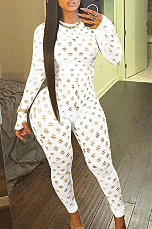 White Sexy Solid Hollowed Out Patchwork Zipper O Neck Skinny Jumpsuits