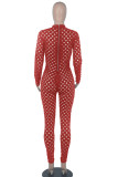 Red Sexy Solid Hollowed Out Patchwork Zipper O Neck Skinny Jumpsuits