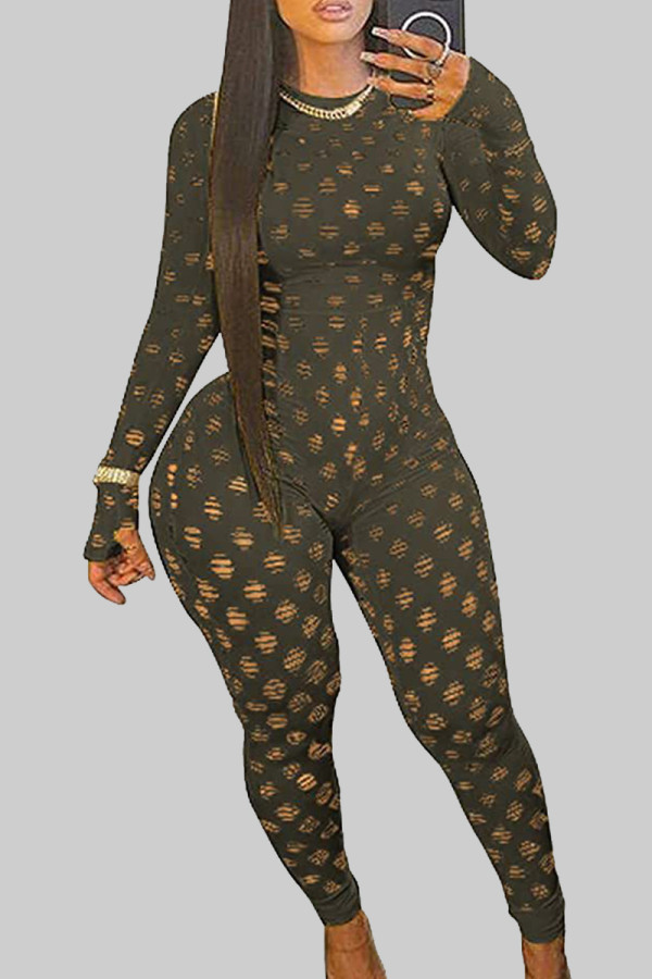 Army Green Sexy Solid Hollowed Out Patchwork Zipper O Neck Skinny Jumpsuits