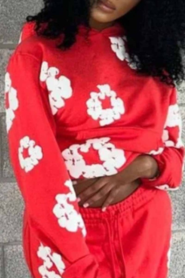 Red Street Print Patchwork Hooded Collar Tops