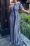 Blue Casual Print Patchwork O Neck Long Dress Dresses