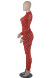 Red Sexy Solid Hollowed Out Patchwork Zipper O Neck Skinny Jumpsuits