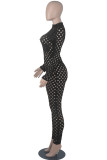Red Sexy Solid Hollowed Out Patchwork Zipper O Neck Skinny Jumpsuits