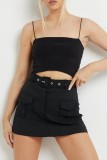 Green Casual Solid Patchwork With Belt Skinny High Waist Conventional Solid Color Skirts